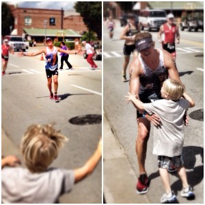 Edwin Ryker's son, Griffin Ryker, cheers for his father during the Augusta IRONMAN 70.3. "He was so excited, and I was about to die," says Edwin Ryker.