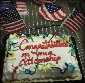 The cake from Paula's co-workers after she became a citizen of the U.S.